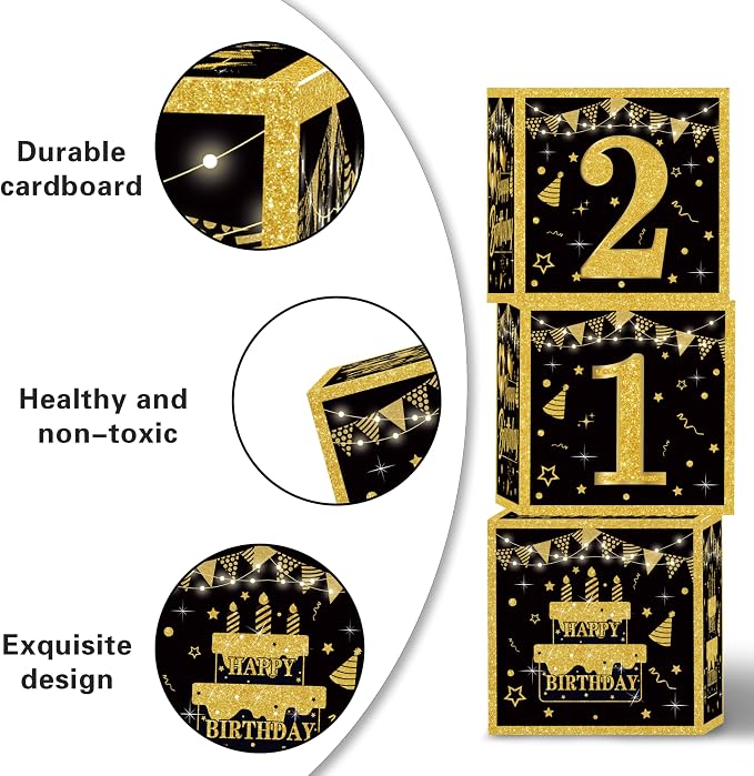 Gold 21st birthday decorations for him Men,3pcs birthday Decorations for Men boys black and gold Balloon Boxes Birthday Party Favors