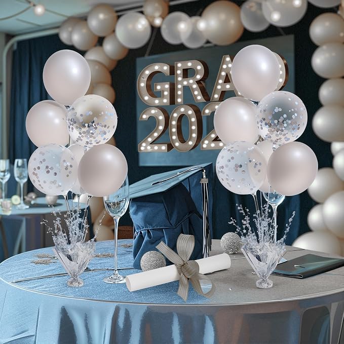 2 Set Silver Balloon Centerpieces for Tables Silver Balloons Stand Kit for Birthday Party Baby Shower Wedding Bridal Shower Retirement Engagement Graduation Prom Table Decorations