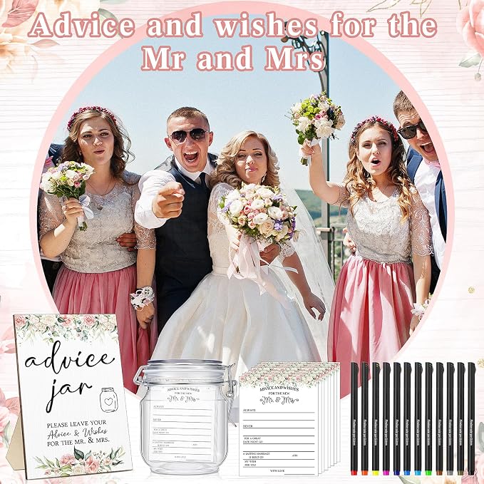 Sintuff 114 Pieces Floral Theme Bridal Shower Party Decor for Guest Include Advice and Wishes for the Mr and Mrs Wedding Advice Sign with Holder 100 Cards 12 Pens 1 Wishes Jar