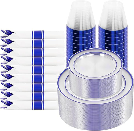 I00000 210 Pcs Blue Plastic Dinnerware Set for 30 Guests Include: 30 Dinner Clear Blue Plates, 30 Dessert Plastic Plates, 30 Pre Rolled Napkins with Cutlery Set, 30 Cups for Party, Graduation