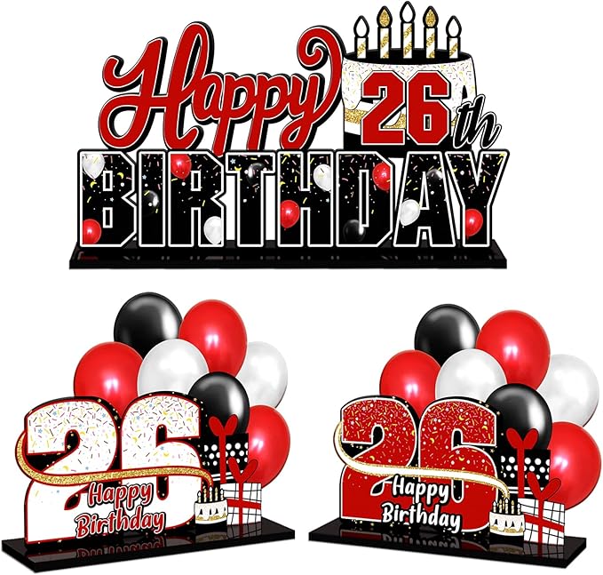 LINGTEER Happy 26th Birthday Red Acrylic Table Topper Centerpieces Set - Cheers to 26 Years Old Birthday 26th Bday Party Gift Decorations Sign.