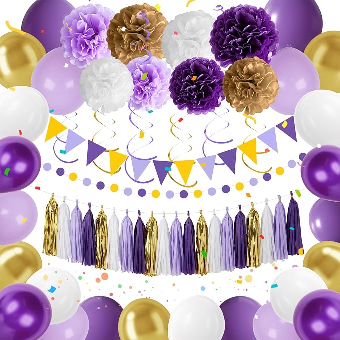 Purple and Gold Party Decoration Set –56 Pcs Include Paper Pom Poms,Tassels,Bunting,Garland,Hanging Swirls,Latex Balloons – Complete Party Decor for Birthday, Graduation,Baby Shower, and Celebrations
