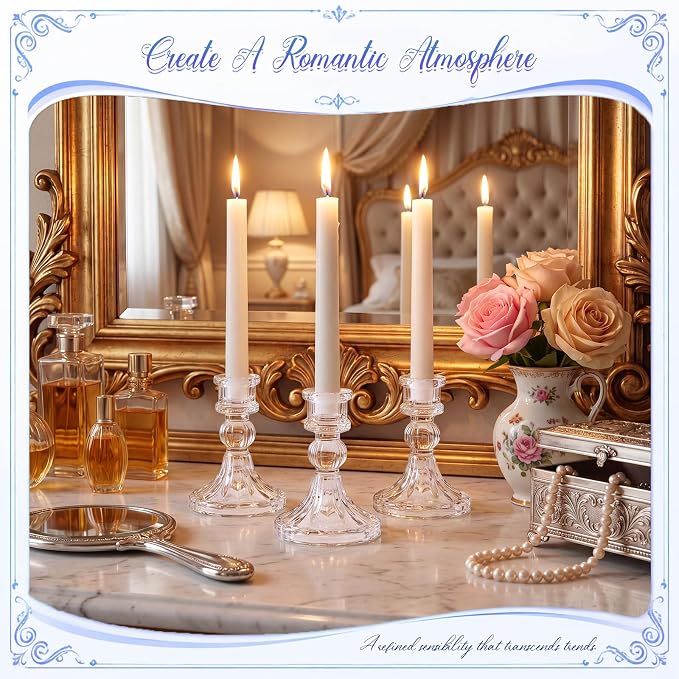 Sieral 24 Pcs Clear Taper Candle Holders 4'' Tall Candlestick Glass Holders Bulk Stripe Decorative Stand Wedding Stick Holder for Anniversary Party Dining Table Festival Decor