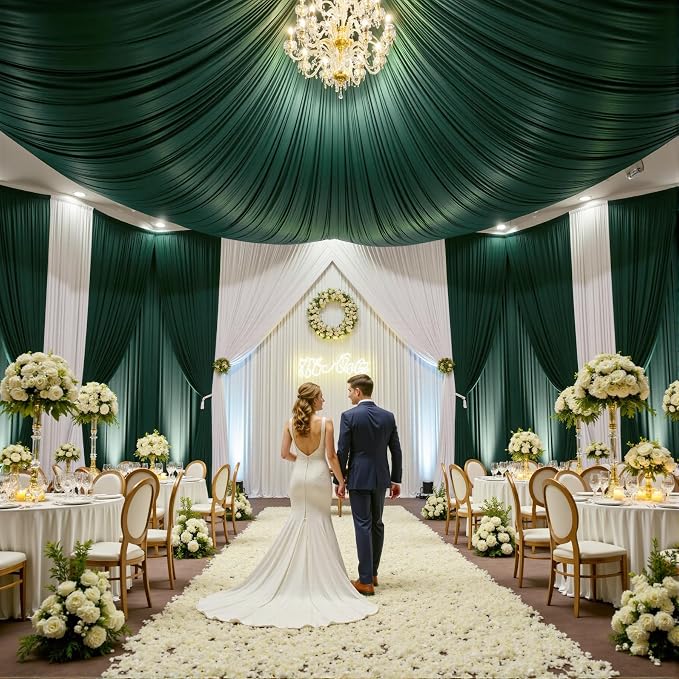 50ftx15ft Hunter Green Backdrop Curtains for Parties, Wrinkle Free Polyester Green Photo Backdrop Drapes 10 Panels 15 ft Long Back Drop Cloth for Wedding Birthday Photography Background