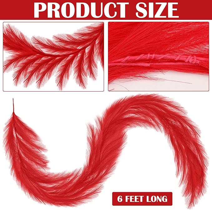 2025 2 Pcs 6 ft Christmas Tree Garland Decoration Pampas Grass Garland Faux Artificial Fabric Feathers Boho for Mantle Xmas Tree Home Farmhouse Christmas Holiday Party Supplies(Red)