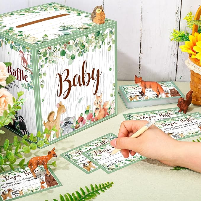 Teling 51 Pieces Diaper Raffle Tickets with Card Box Baby Shower Decorations Baby Shower Holder Box for Girl Boy Diaper Raffle Party(Woodland Animal)