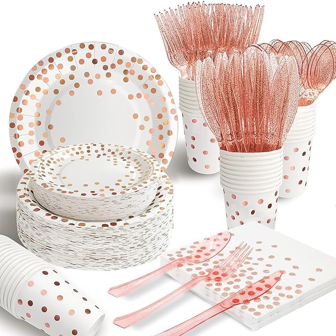 AIRE 175PCS White Rose Gold Party Supplies, Heavy Duty Disposable Dinnerware Set Serves 25, Paper Plates Plastic Forks Knives Spoons for Women Birthday, Bridal Shower, Girl Baby Shower