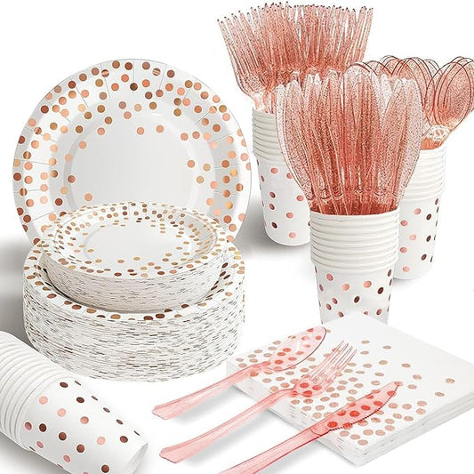 AIRE 175PCS White Rose Gold Party Supplies, Heavy Duty Disposable Dinnerware Set Serves 25, Paper Plates Plastic Forks Knives Spoons for Women Birthday, Bridal Shower, Girl Baby Shower