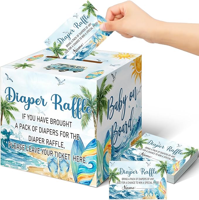 Teling 51 Pieces Diaper Raffle Tickets with Card Box Baby Shower Decorations Gender Reveal Holder Box for Girl Boy Diaper Raffle Party(Surf, Baby on Board)