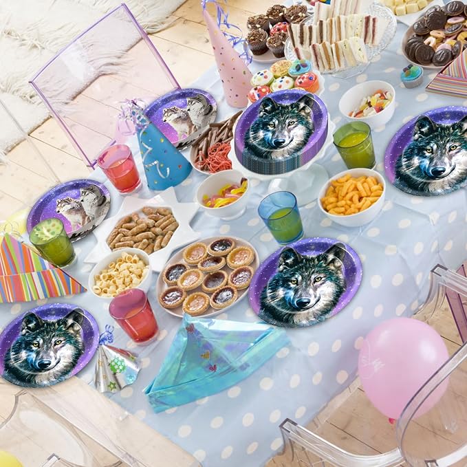 50 Guests Wolf Plates and Napkins Party Supplies Wolf Birthday Party Decorations Disposable Tableware Set Galaxy Animal Themed Dinnerware Favor for Kids Baby Shower Decorations, 200PCS