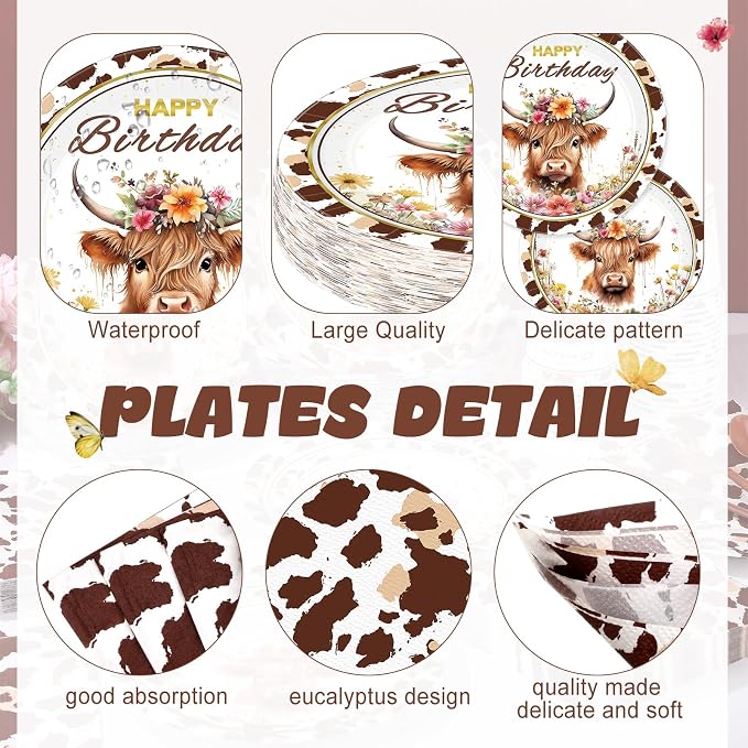 Funnymoom 400 Pcs Highland Cow Birthday Party Supplies Brown Cattle Paper Plates Napkins Cups Spoons Forks Knives for Western Farm Animals Kids Birthday Baby Shower Party Decorations