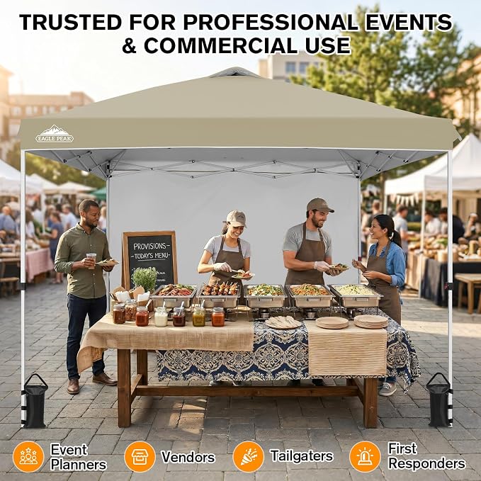 EAGLE PEAK Commercial Canopy 10x10 Pop Up Canopy Tent with 1 Sidewall, Easy Setup Heavy Duty Instant Event Shelter for Vendors & Markets, Outdoor Sun Shade, Light Beige