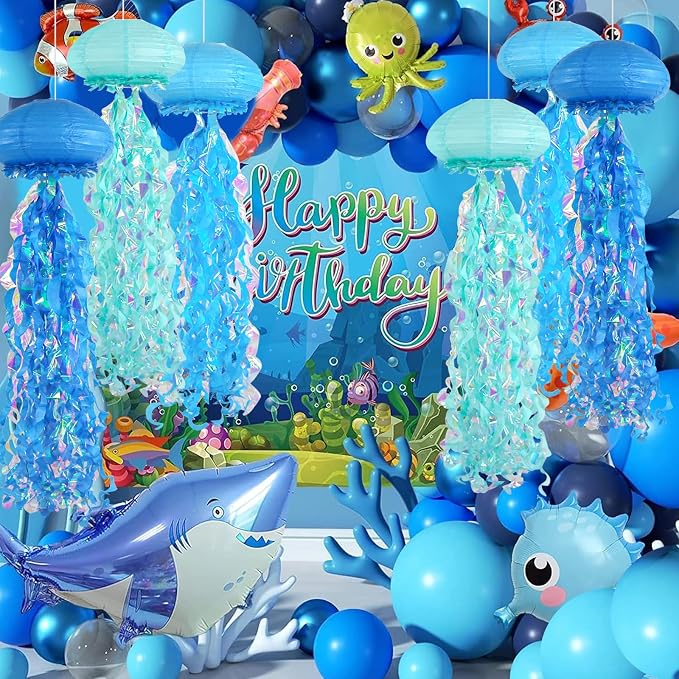 10" Blue Jellyfish Paper Lanterns, Under The Sea Party Decorations, Mermaid Birthday Decorations for Girls, Hanging Ocean Themed Pool & Beach Party Decor, DIY Jellyfish Lamp Room Decor, 6 PCS