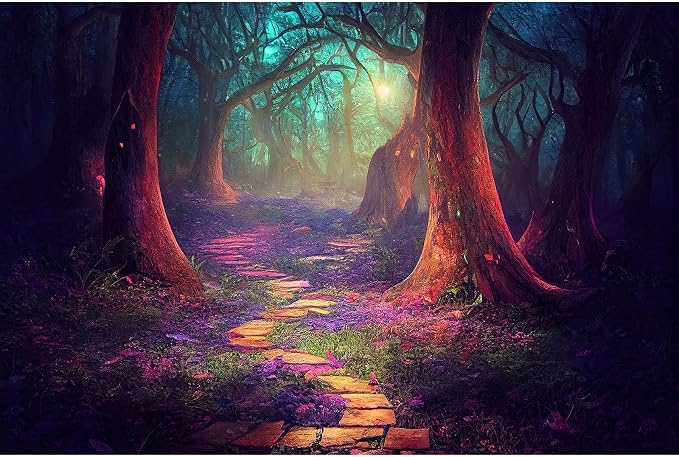 Fantasy Forest Backdrop Misty Foggy Jungle Rainforest Landscape Photography Background Sunset Sunrise Magical Deep Forest Backdrop Decors Hiking Outdoor Birthday Party Cake Table Background 8x6ft