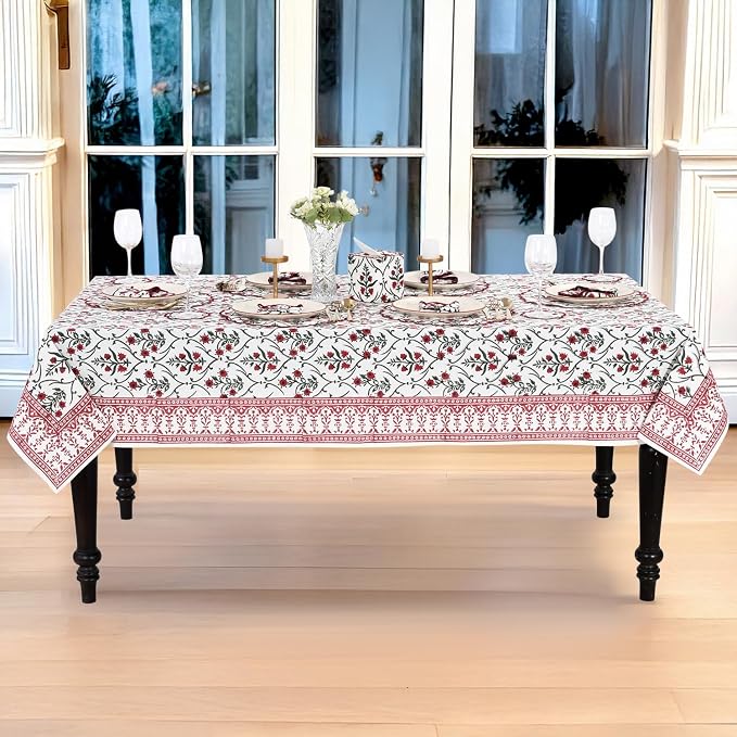 Ridhi Ruby Red Hand Block Print Cotton Rectangle Tablecloth 108" x 70" inches Reusable Table Cover Decorative Everyday Use for Dining Room, Farmhouse, Home Gift for Spring, Mother's Day