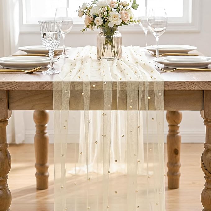 Artoid Mode 3PCS Pearl Champine Gauze Table Runner 120 Inch 10FT, Seasonal Sheer Dining Holiday Wedding Birthday Baby Shower Table Decor for Home Party