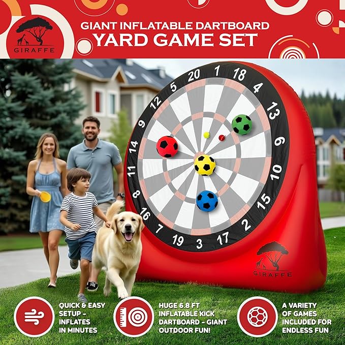 GIRAFFE Giant Inflatable Dartboard Yard Game Set, Big Blow Up Kick Giant Dart Board with Air Pump, Target Game, 6 Jumbo Lawn Games for Kids, Inflatable Games Outdoor, Family Activities, Carnival Party
