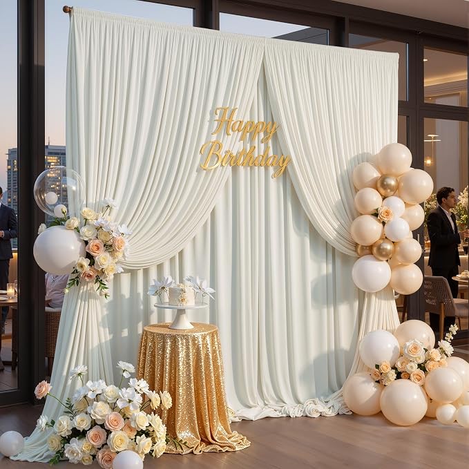 20x10ft Wrinkle Free Ivory Backdrop Curtains for Parties, 4 Panels 5x10ft Silky Polyester Photo Backdrop Drapes Back Drop Cloth Drapery for Wedding Birthday Photography Background