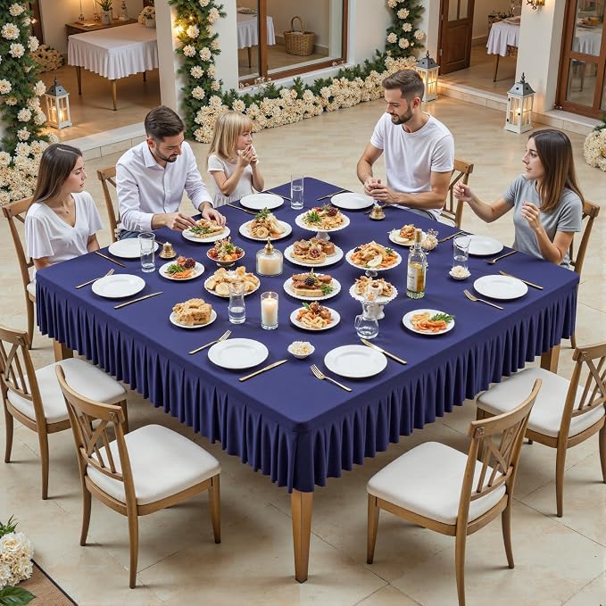 Shillance 54x54 Inch Navy Blue Spandex Square Tablecloth, Wrinkle Free Navy Blue Fitted Table Cloth for Square Tables,Washable Pleated Table Cover for Wedding Birthday Cocktail Party Buffet Dinner