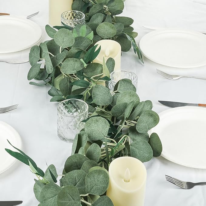 6Ft Eucalyptus Garland, Upgrade Bushy Artificial Greenery Garlands lvy Vines with Willow Leaves for Wedding Arch Home Party Table Runner Centerpiece Decor