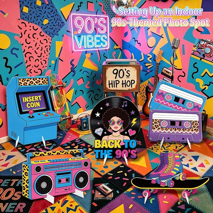 5Pcs 90s Party Decorations, Large Retro Theme Cardboard Cutouts Arcade Game Machine Boombox Vintage 90s Yard Sign for Neon Hip Hop Music Birthday Indoor Outdoor Photo Props Booth Backdrop