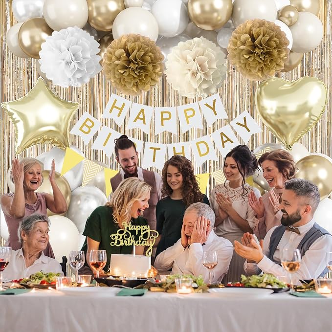 White Gold Birthday Decorations, Beige Gold Party Décor with Foil & Latex Balloons Sash Fringe Curtains Happy Birthday Banner Cake Topper Paper Pompoms Party Decor for Women Girl
