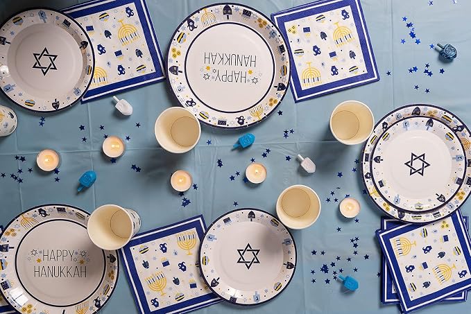 Happy Hanukkah Tableware Pack: Disposable Paper Plates, Napkins and Cups Set for 20