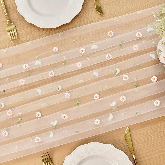 FEXIA Spring Table Runner 10FT Elegant Garden Tea Party Decor Pastel Embroidered Sheer Mesh Floral Gauze Summer Wedding & Easter Party Bridal Shower Living Room Styling Valentine Home Decor