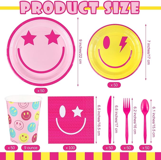 Kochorie 400 Pieces Preppy Smiley Face Party Tableware Set Paper Smile Face Plates Napkins Paper Cups Cutlery for Preppy Birthday Party Decorations Baby Shower Decor, Serve 50 Guest