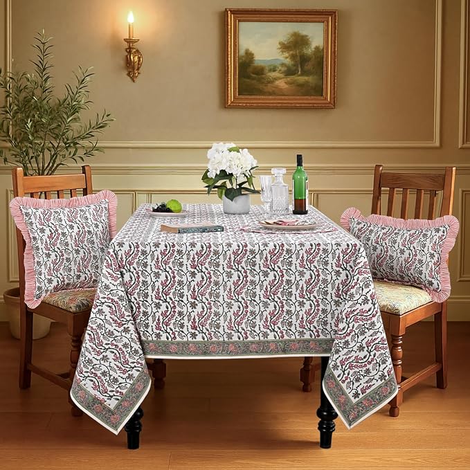 Ridhi Coral Pink Hand Block Print Cotton Rectangle Tablecloth 120" x 80" inches Reusable Table Cover Decorative Everyday Use for Dining Room, Farmhouse, Home Gift for Spring, Mother's Day