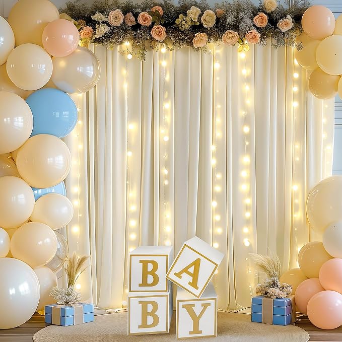 20x10FT Beige Backdrop Curtains with Lights for Parties,Wrinkle Free Wedding Photo Backdrop Curtains for Baby Shower Birthday Ceremony Reception Home Party Decorations-5ft x 10ft,4 Panels