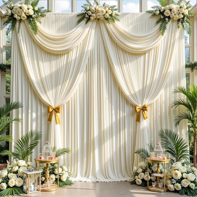 30x14ft Ivory Backdrop Curtains for Wedding Party, 6 Panels 14 ft Long Back Drop Cloth, Wrinkle-Free Polyester Drapes for Birthday, Baby Shower, Stage Photography Background