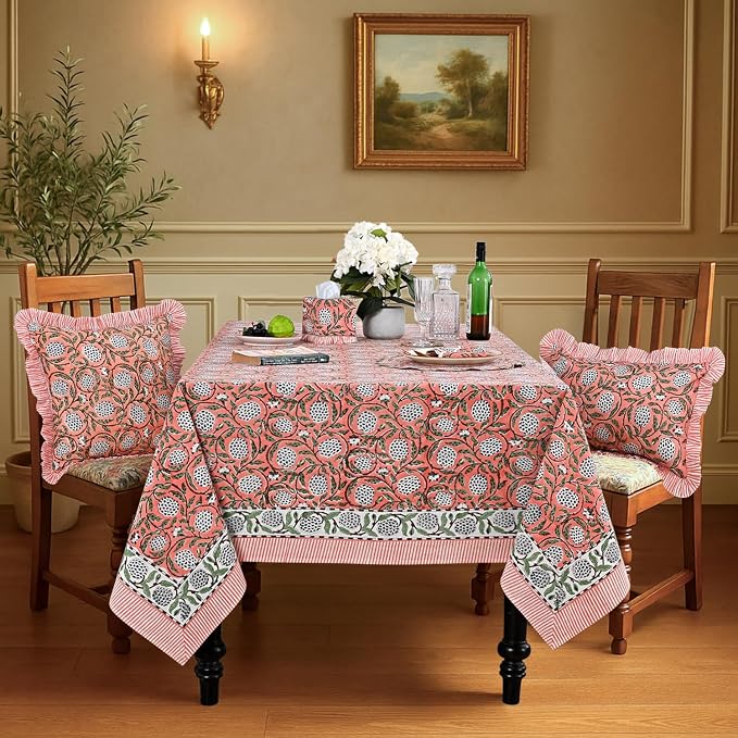 Ridhi Dark Salmon Pink Hand Block Print Cotton Rectangle Tablecloth 120" x 60" inches Reusable Table Cover Decorative Everyday Use for Dining Room, Farmhouse, Home Gift for Spring, Mother's Day