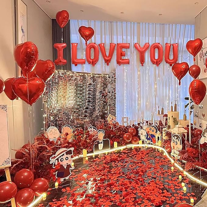 2 Set Red I LOVE YOU Balloons - 16pcs 16" Letter Balloons 10pcs 18" Heart Balloons with 1200pcs Red Artificial Rose Petals Alphabet Foil Mylar Balloons for Valentines Day Decorations