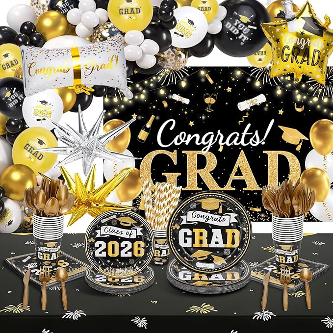 2026 Graduation Party Decorations Kit - 280 Pcs Black Gold Graduation Party Supplies Include Plates, Napkins,Cups, Straws,Tablecloth,Balloon Garland Congrats Grad Backdrop for 25 Guests