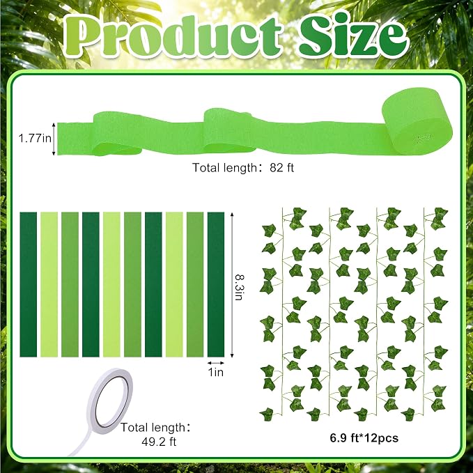 LFUTARI 500 Sheets Green Paper Chain Strips Garland, 492ft Jungle Crepe Paper Streamers and 82ft Fake Ivy Vines for Holiday Birthday Back to School Rainforest Party Classroom Backdrop Decorations