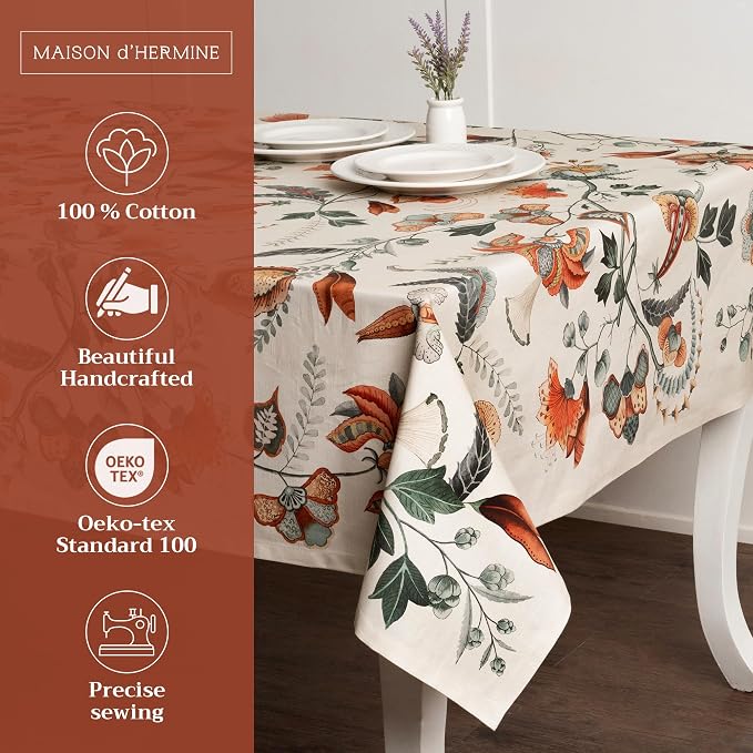 Maison d' Hermine Table Cloth Rectangle Table 100% Cotton 54 x 72 Inches Fall Tablecloth Reusable Everyday Use for Thanksgiving Christmas Decorations Dining Farmhouse Party (Dalida)