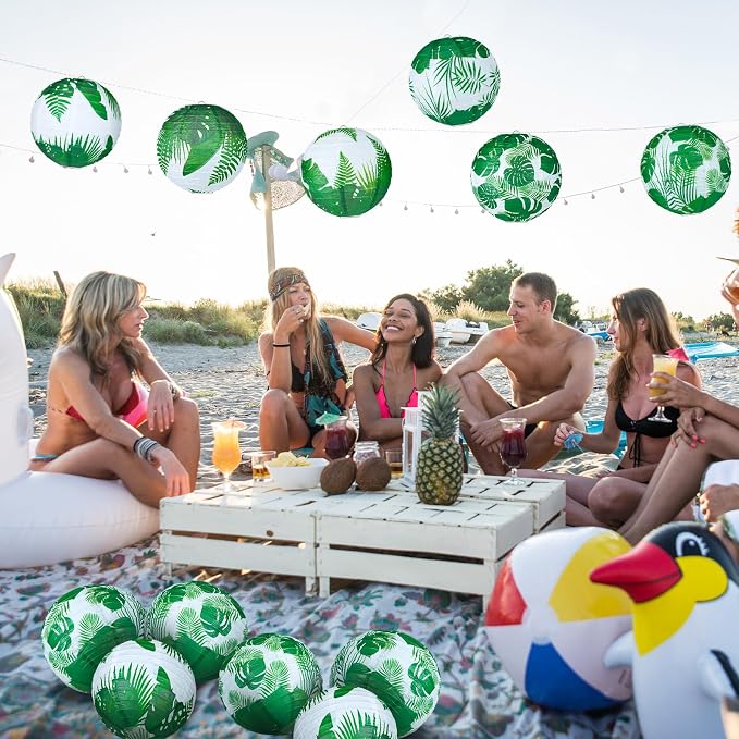 Panelee 12 Pcs Tropical Party Decorations Palm Leaves Paper Lanterns 8 Inch Hawaii Luau Summer Hanging Round Lanterns Decorations for Tropical Party Indoor Outdoor Decor