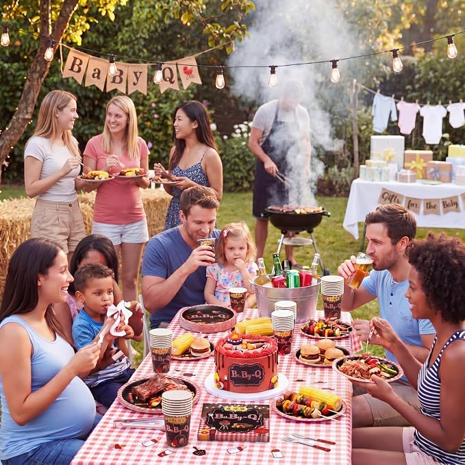 Hushee 200 Pcs Baby Q Baby Shower Paper Plates Cups Napkins Party Supplies Tableware Set Disposable Cup Napkin for 50 Guest BBQ Party Decoration