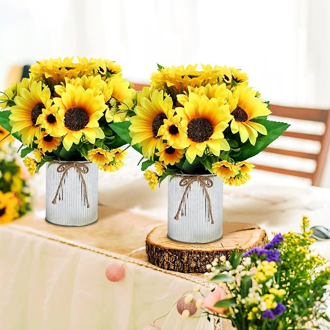 Artificial Sunflower Table Centerpieces - Set of 6 Faux Spring Summer Sunflowers Arrangements with Rustic Metal Vase for Kitchen Office Bathroom Home Farmhouse Wedding Party Decorations