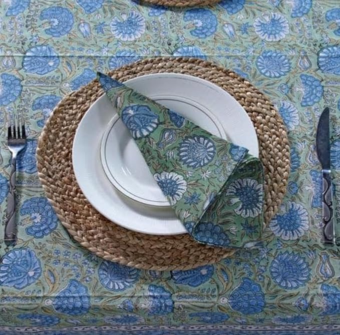 Ridhi Asparagus Green Gadd Hand Block Print Cotton Rectangle Tablecloth 102" x 48" inches Reusable Table Cover Decorative Everyday Use for Dining Room, Farmhouse, Home Gift for Spring, Mother's Day