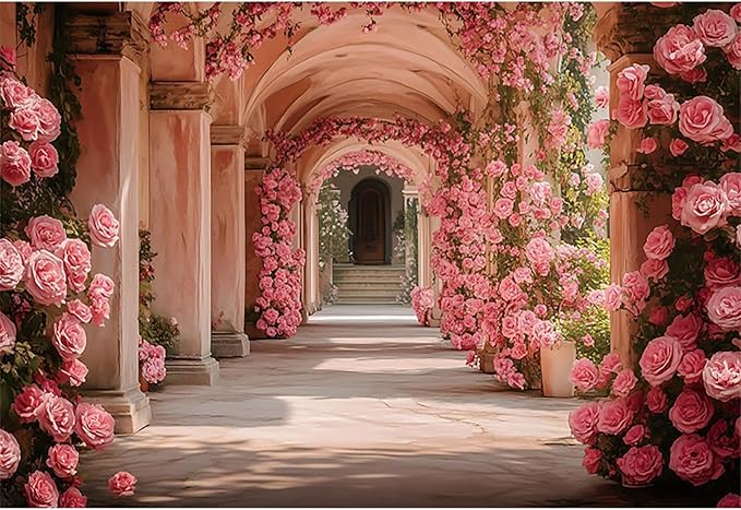 Baocicco 10x7ft Pink Flowers Backdrops for Photoshoot Rose Arch Corridor European Carving Wall Photo Background for Women Bridal Shower Birthday Marriage Valentines Mothers Day Backdrop Decorations