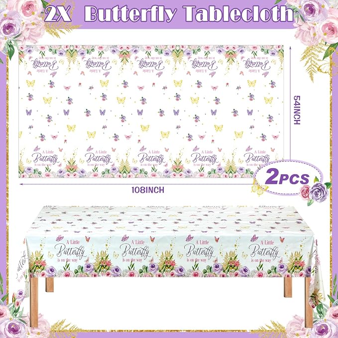 405 Pcs Butterfly Baby Shower Tableware Set Little Butterfly Is On The Way Baby Shower Plates and Napkins Supplies Include Tablecloth Banner Cups for 50 Guest Girls Floral Butterfly Theme