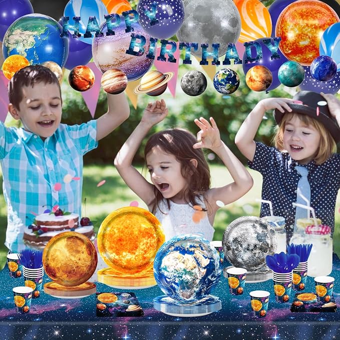 182pcs Outer Space Birthday Party Supplies Space Party Plates Napkins Disposable Cups Tableware Set Tablecloth Banner and Balloons Boys Space Solar System Birthday Party Decorations 24 Serve
