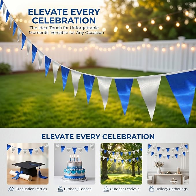130FT Navy Blue Silver Triangle Pennant Banner Flag Metallic Fabric Bunting Garland for Christmas Graduation Birthday Wedding Bridal Shower Nautical Ahoy Achor Theme Party Decorations Supplies