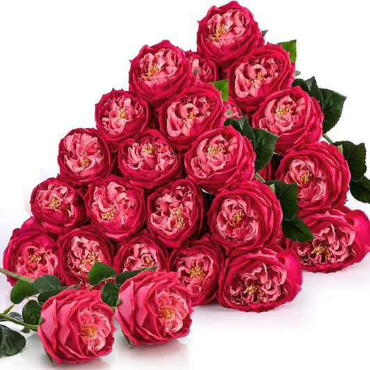 Giegxin 20 Pcs Real to Lifelike Peonies Austin Roses Artificial Flowers, Faux Look Real Long Stems Fake Flower with Big Blooms for Christmas Valentines Wedding DIY Arrangement Home Decor(Rose Red)