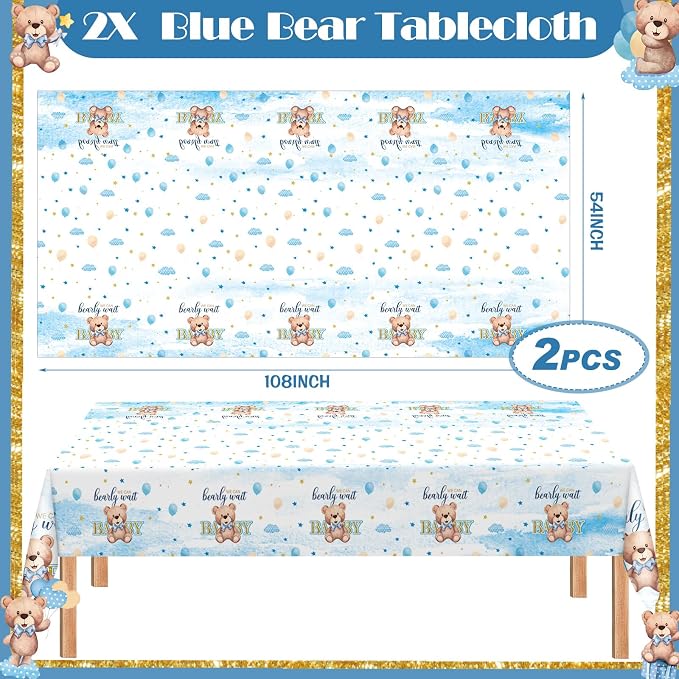 405 Pcs Blue Bear Baby Shower Decorations for Boy, We Can Bearly Wait Baby Shower Tableware Set Plates Napkins Cups Cutlery, Blue Bear Party Supplies with Tablecloth Banner, Serves 50 Guests