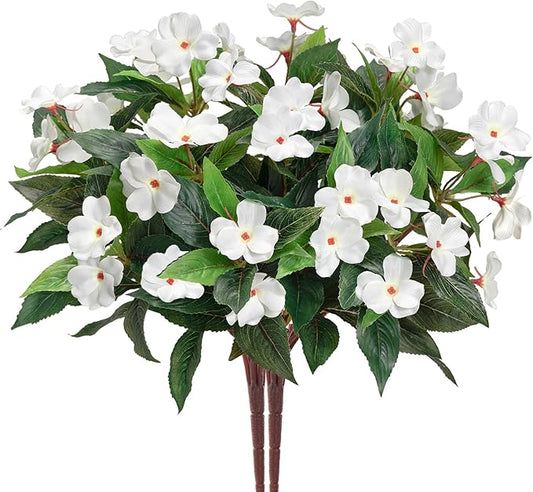 Fake Flowers Artificial Flowers for Outdoor,Artificial Plant Artificial Impatiens Bouquet Flowers for Outdoors Decoration,Silk Spring Artificial Plants for Outdoors Indoor Decor 2PCS (White)