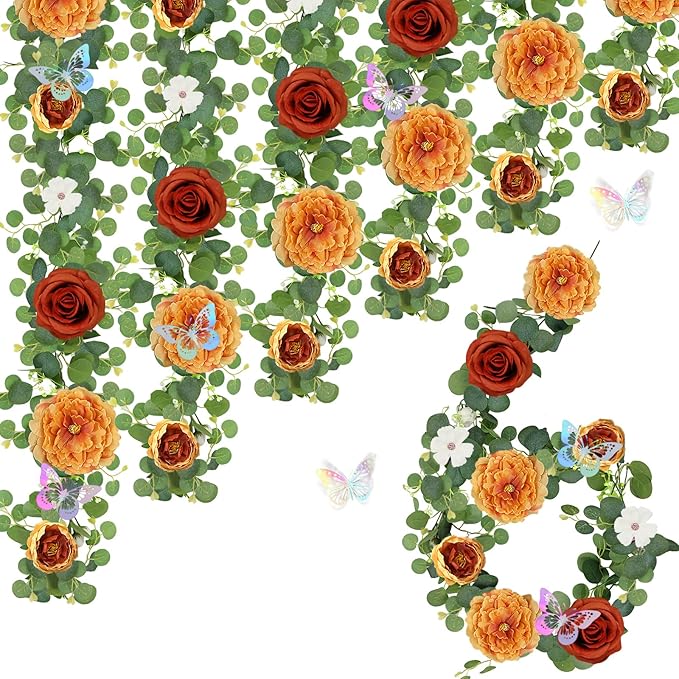 6 Pack 5.9 FT Artificial Flower Garland with Butterflies Fake Rose Garland Faux Greenery Eucalyptus Garlands for Wedding Table Backdrop Arch Centerpieces Decorations -Terracotta Burnt Orange