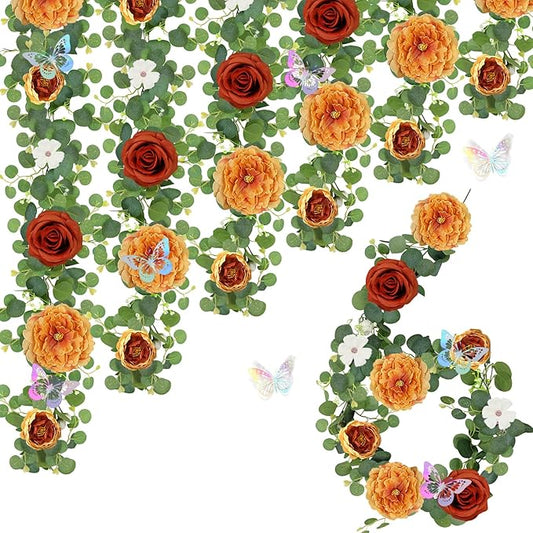 6 Pack 5.9 FT Artificial Flower Garland with Butterflies Fake Rose Garland Faux Greenery Eucalyptus Garlands for Wedding Table Backdrop Arch Centerpieces Decorations -Terracotta Burnt Orange